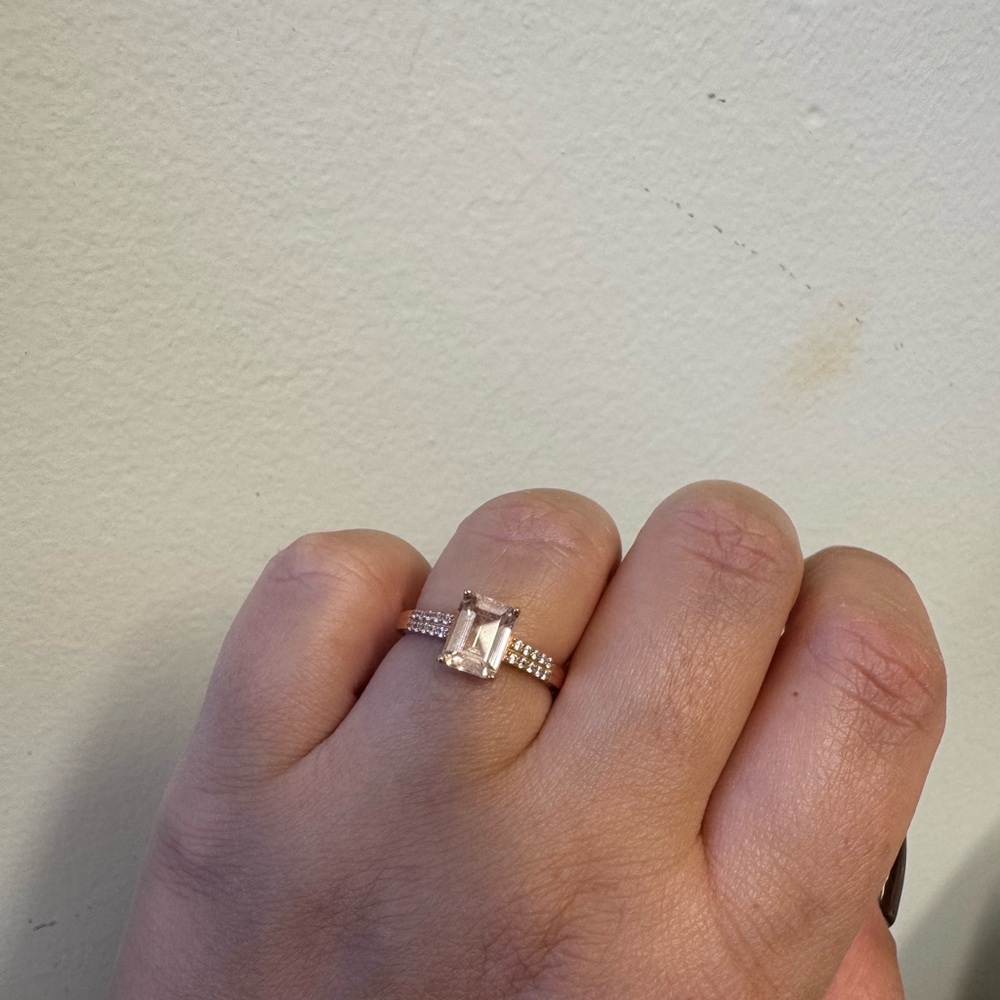 Morganite Rose Gold Ring, Emerald Cut Morganite Rose Gold Vermeil, CZ Size 7
